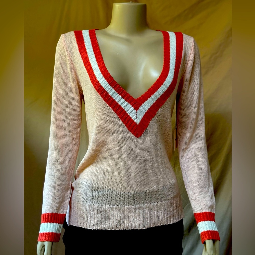 Superdown Light Pink Sweater with Red and White Accents